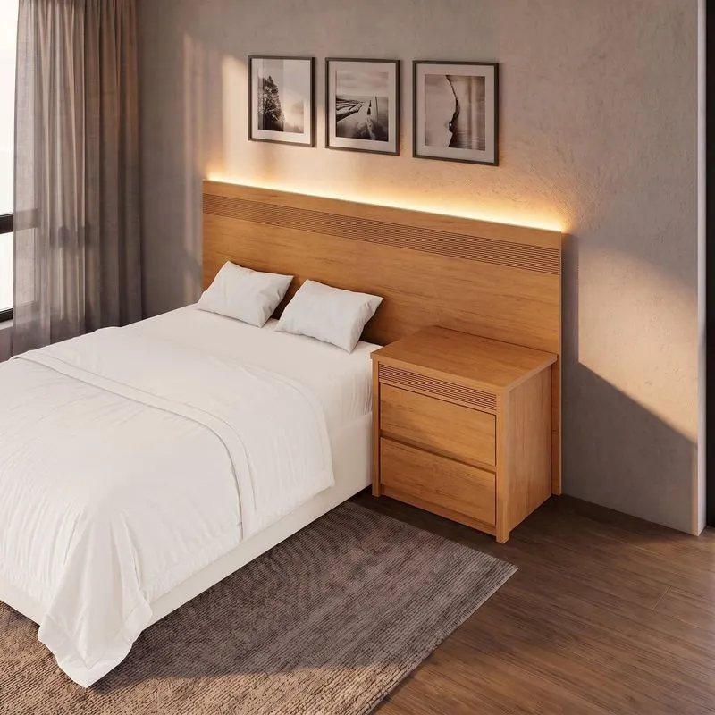 Painel Cabeceira Frisado Casal Com Led E Mesa De Cabeceira 109x180cm Rubi