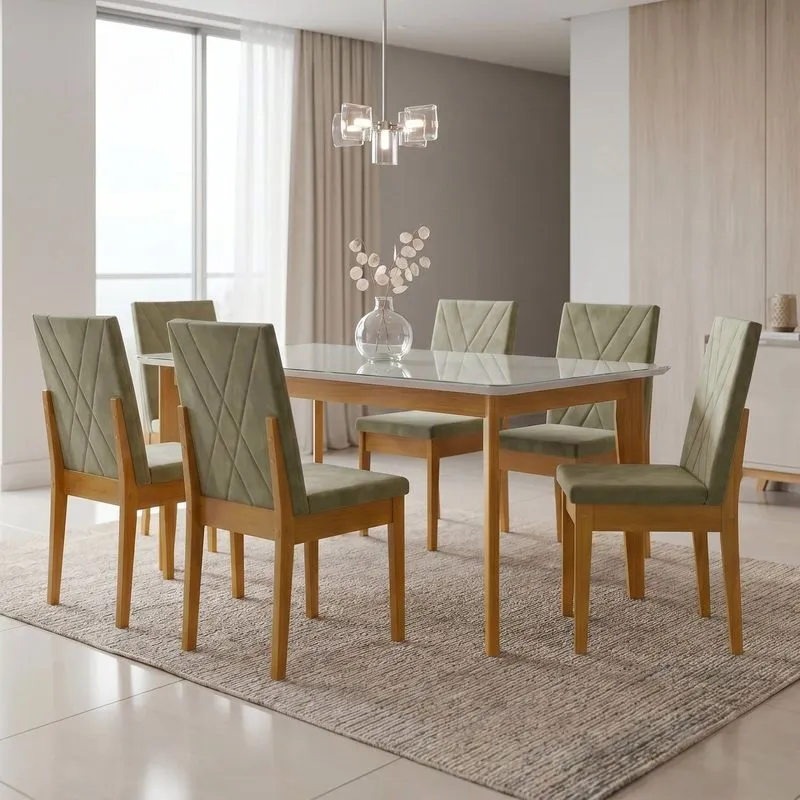 Conjunto Sala De Jantar Siera 6 Lugares Vidro Retangular Madeira Maciça Dakota Bordada Cerejeira/veludo Aura A106 Castor