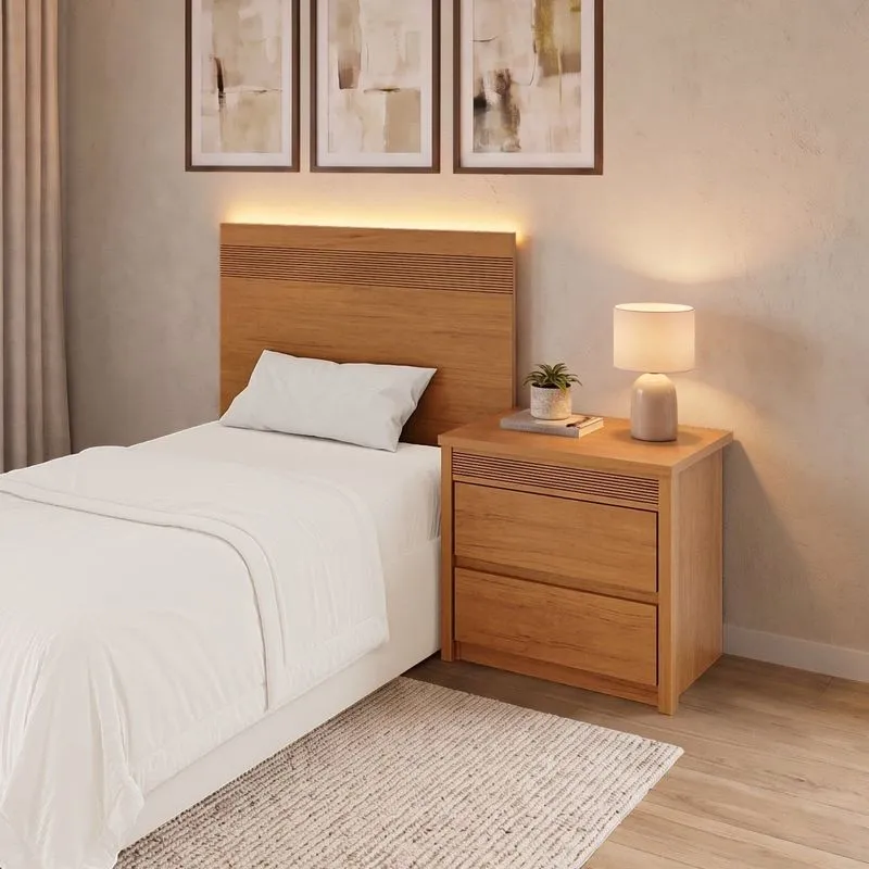 Painel Cabeceira Frisado Solteiro Com Led E Mesa De Cabeceira 109x90cm Rubi
