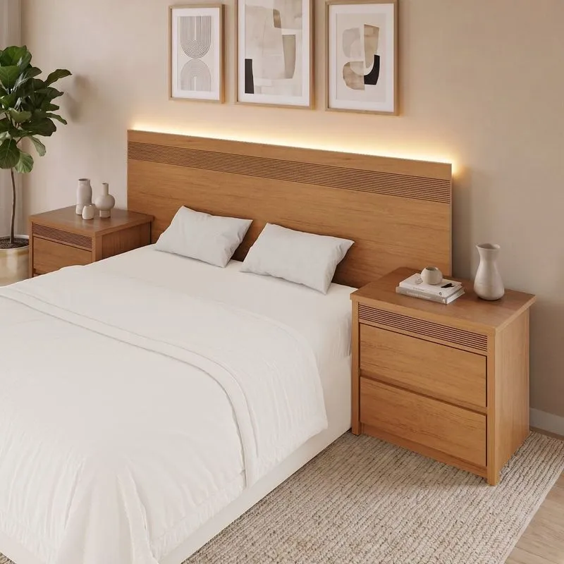 Painel Cabeceira Frisado Casal Com Led E 2 Mesas De Cabeceira 109x180cm Rubi