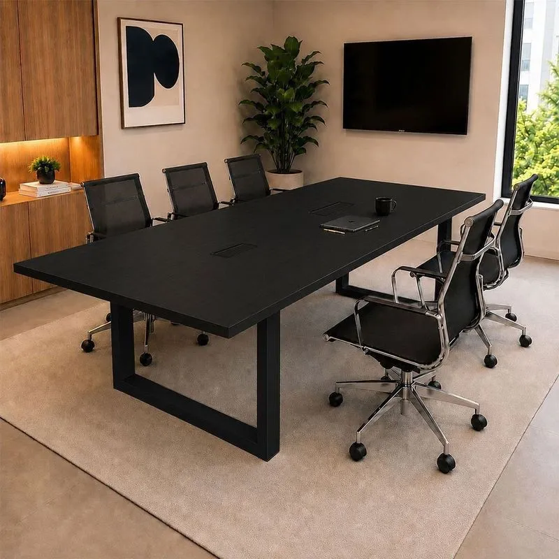 Mesa Reunião Escritório 250x90cm 2 Caixas De Tomadas E Pés Metal Industrial Executive Preto