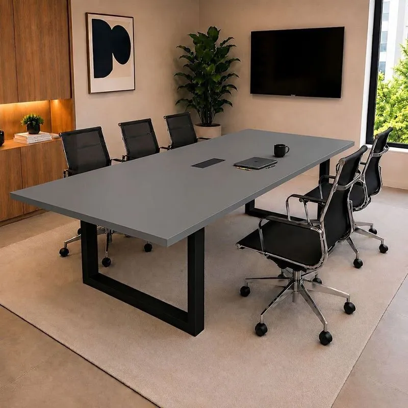 Mesa Reunião Escritório 200x90cm Com Caixa De Tomadas Pés Metal Industrial Executive Cinza Sagrado/preto