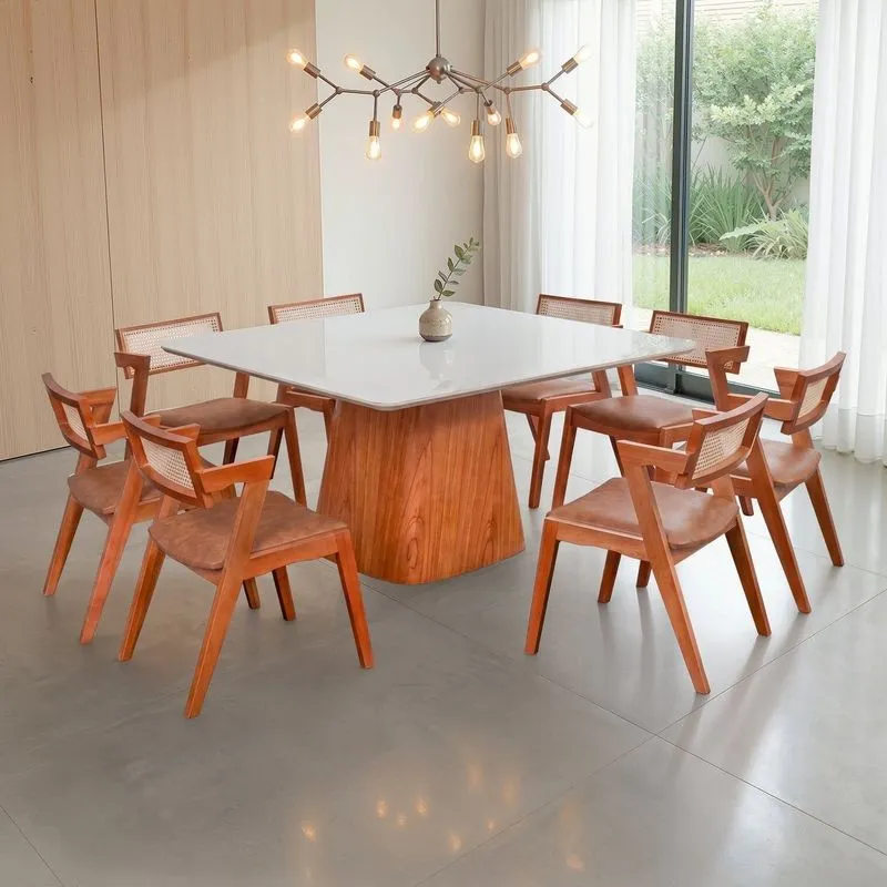 Conjunto Mesa Bérgamo E 8 Cadeiras Madeira Maciça Rattan Natural E Estofada Verona Courino Marrom Champagnhe/off White/couro Marrom