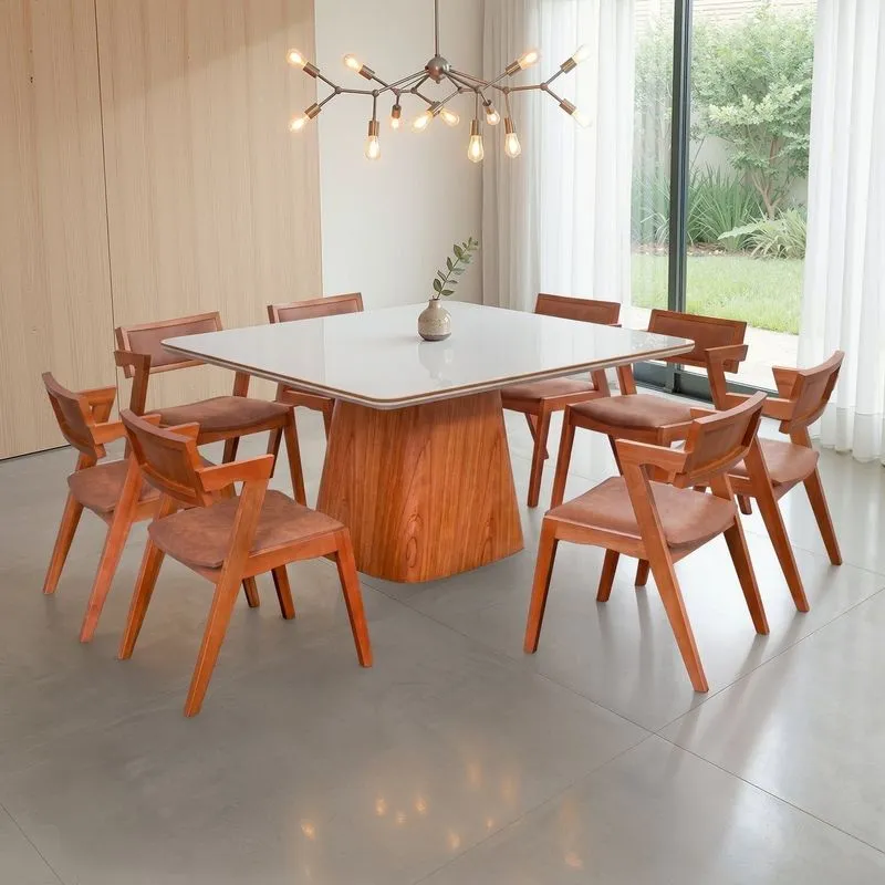 Conjunto Mesa Bérgamo Tampo C/ Detalhe E 8 Cadeiras Madeira Maciça E Estofada Ímola Courino Marrom Champagnhe/off White/couro Marrom