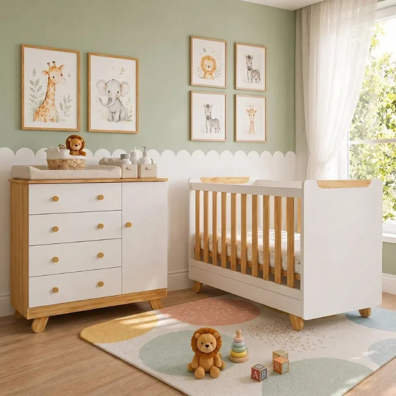 Quarto de Bebê Cômoda 4 Gavetas e Berço Minicama 4 em 1 Levy 100% MDF Yescasa Amêndoa/Off White
