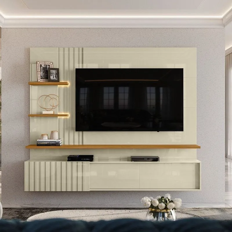 Painel Ripado Para TV Até 65 Polegadas Com LED 3 Portas Correr 167,5x200cm Atena Amadeirado Off Cumaru/opala
