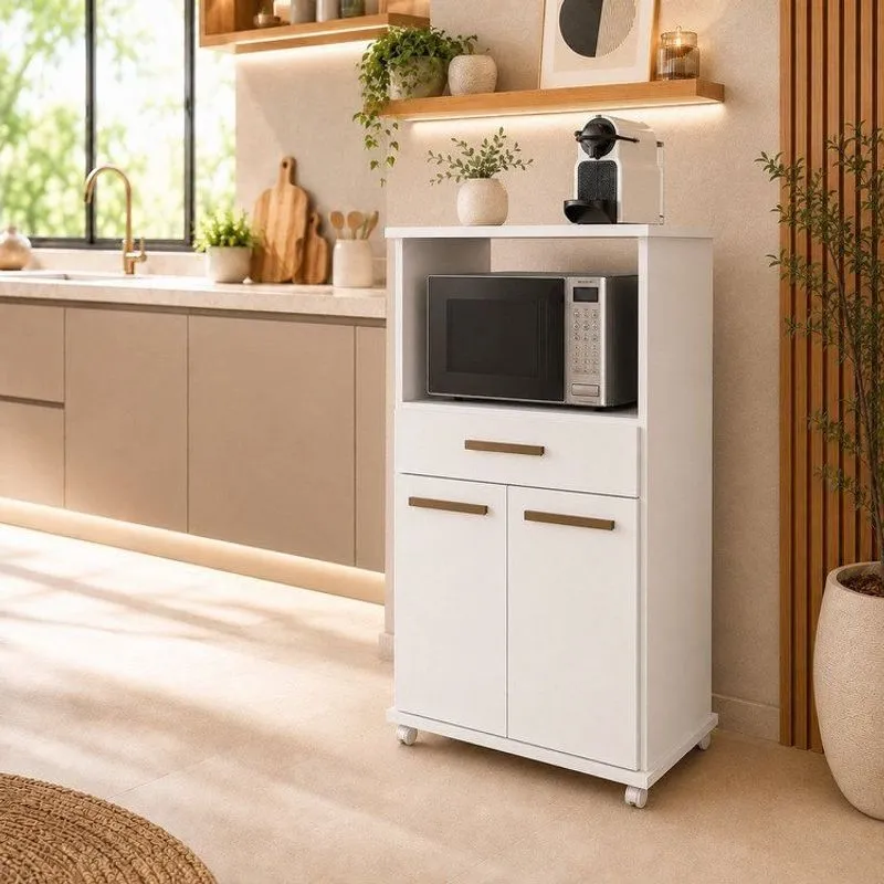 Balcão Para Cozinha 2 Portas 1 Gaveta Com Rodízios Conquista Espresso Móveis Branco