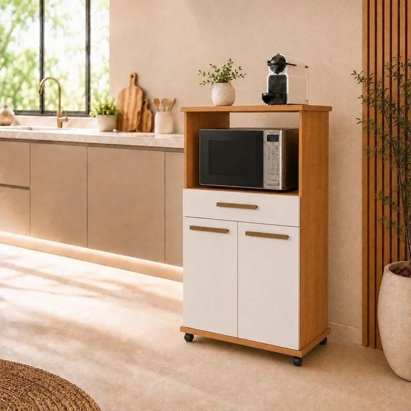 Balcão Para Cozinha 2 Portas 1 Gaveta Com Rodízios Conquista Espresso Móveis Cinamomo/Off White