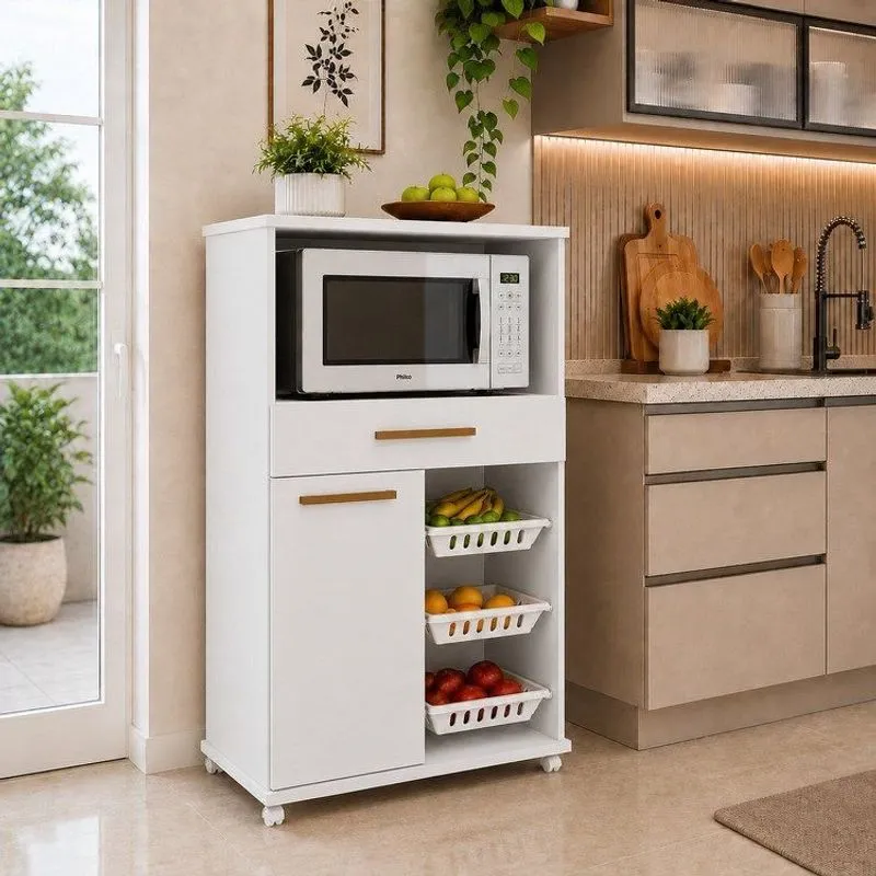 Fruteira Para Cozinha 3 Cestos 1 Porta 1 Gaveta Com Rodízios Fortaleza Espresso Móveis Branco