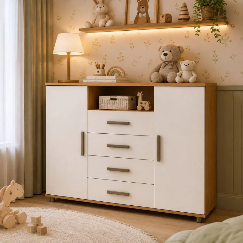 Cômoda Infantil 4 Gavetas com Cabideiro e Prateleiras – Tampo 2,5cm e Corrediças Telescópicas Cinamomo/Off White