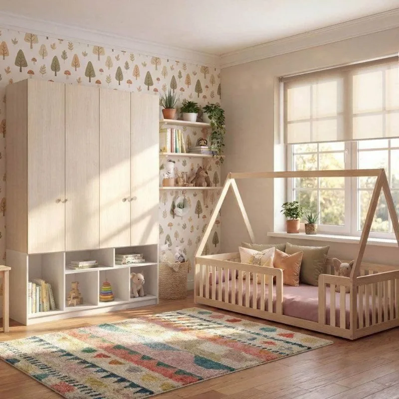 Quarto Montessori Cama Telhado Giulia e Guarda-Roupa Curió Casatema Natural/Branco Natural/Branco
