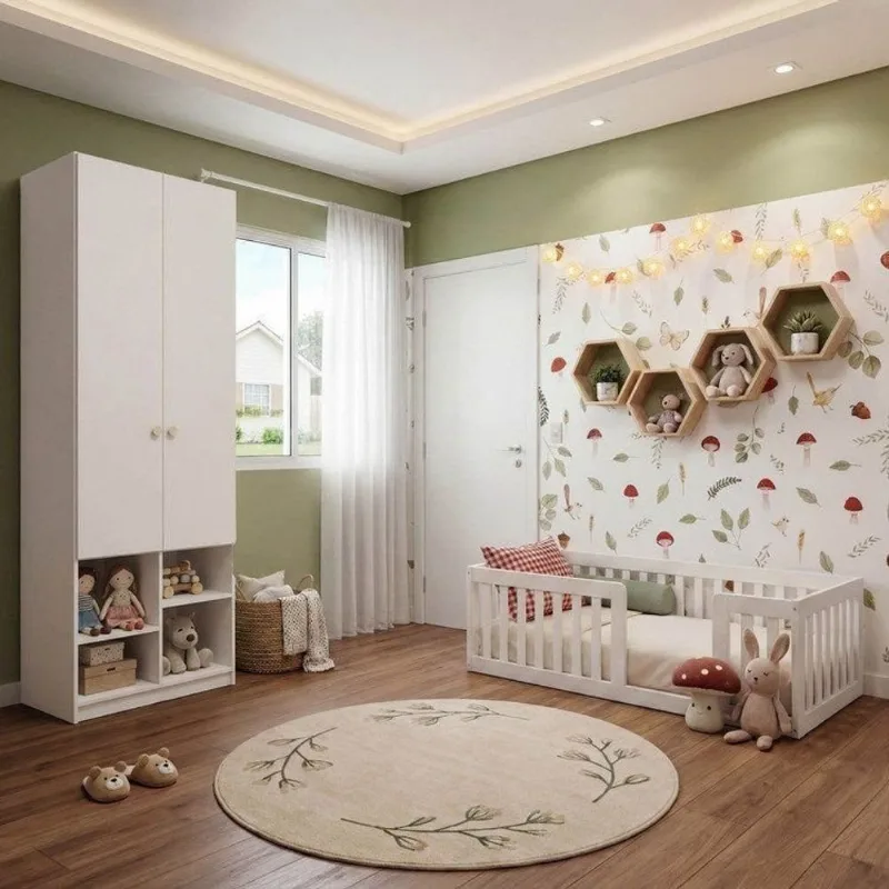 Quarto Montessori Mini Cama Giulia e Guarda-Roupa Curió 2 Portas Casatema Branco Branco