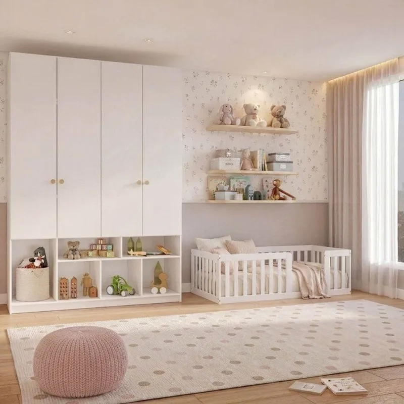 Quarto Montessoriano Mini Cama Giulia e Guarda-Roupa Curió 4 Portas Casatema Branc Branco
