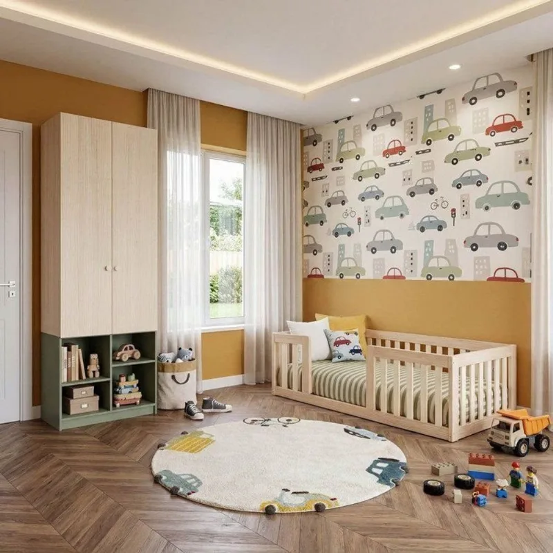 Quarto Montessori Mini Cama Giulia e Guarda-Roupa Curió 2 Portas Casatema Natural/ Natural/Verde