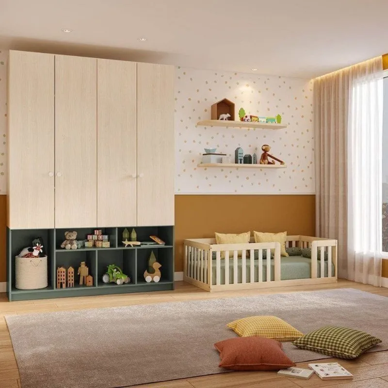 Quarto Montessori Mini Cama Giulia e Guarda-Roupa Curió 4 Portas Casatema Natural/ Natural/Verde