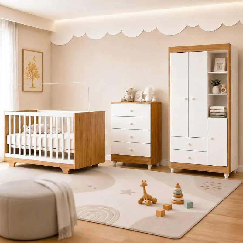 Quarto de Bebê Completo com Cômoda Berço com Colchão e Guarda Roupa 100%MDF Encanto Branco/Amadeirado