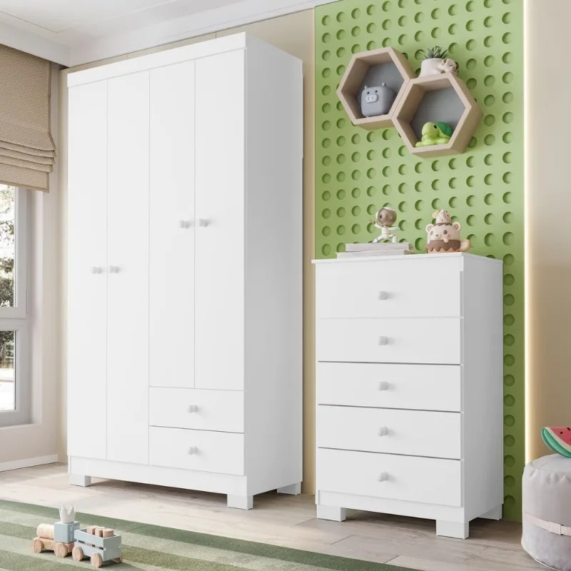 Guarda Roupa Infantil Bebê 4 Portas e Cômoda 5 Gavetas Quarto Completo Branco Flex Branco