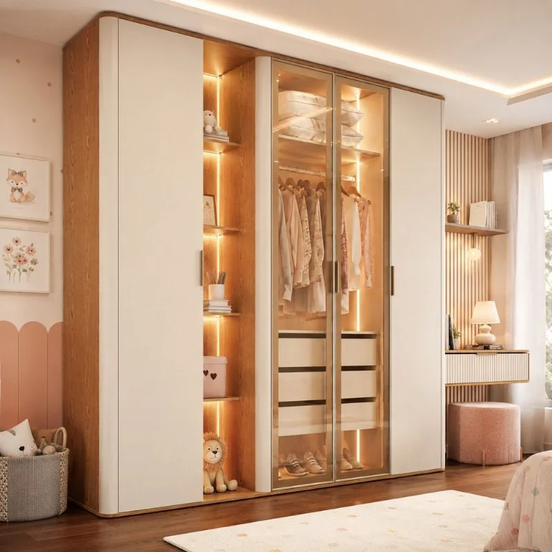 Guarda-Roupas Infantil 100% MDF com LED, Portas de Vidro Reflecta Cantos Arredondados e Nichos Cinamomo/Off White