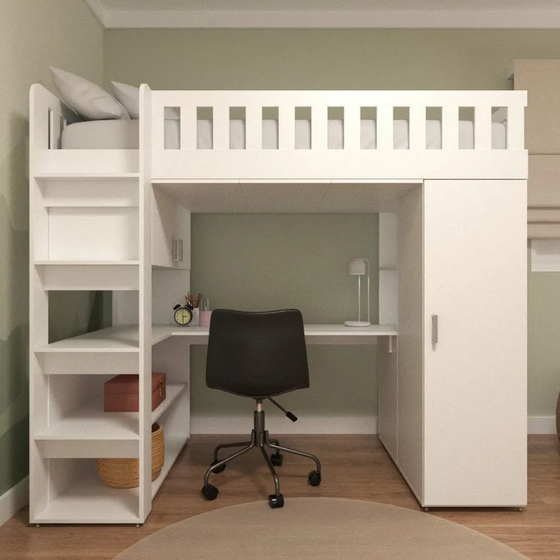 Cama Solteiro Alta Sky com Escrivaninha, Armários e Gavetas Branco