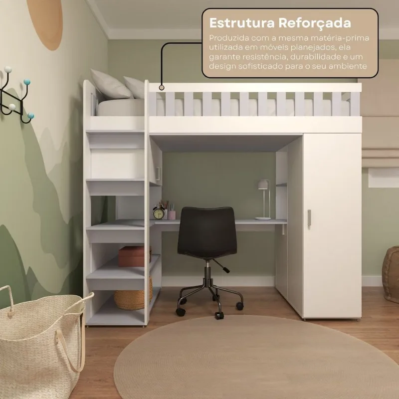 Cama Solteiro Alta Sky com Escrivaninha, Armários e Gavetas Branco/Cinza