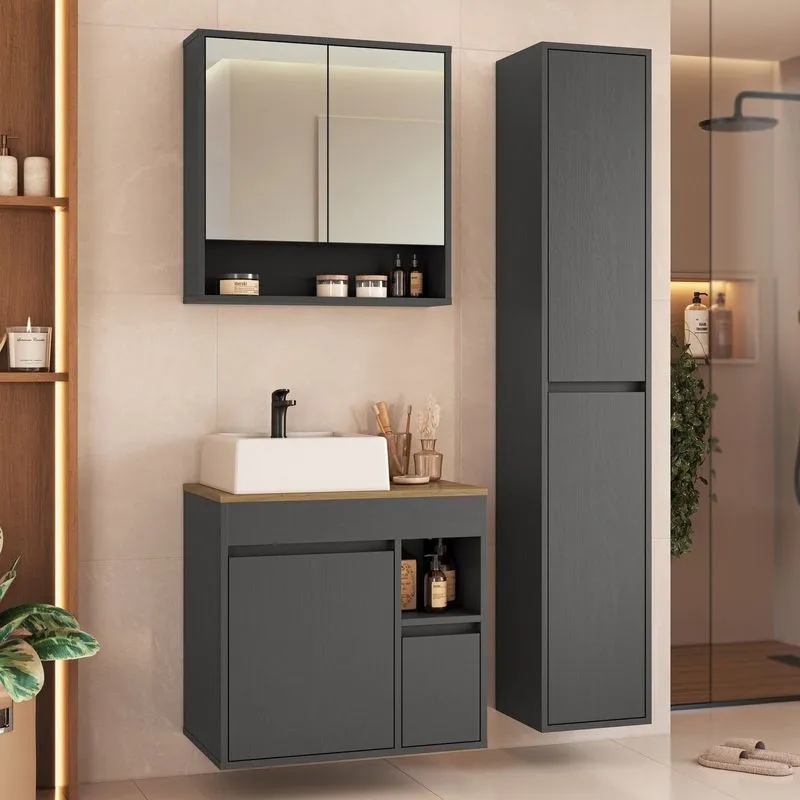Conjunto Banheiro Modulado 88 Cm Com 3 Peças Gabinete Suspenso Com Cuba Bahamas Yescasa Grafite Grafite
