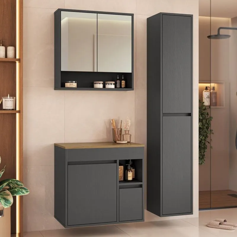 Conjunto Banheiro Modulado 88 Cm Com 3 Peças Gabinete Suspenso Sem Cuba Bahamas Yescasa Grafite Grafite
