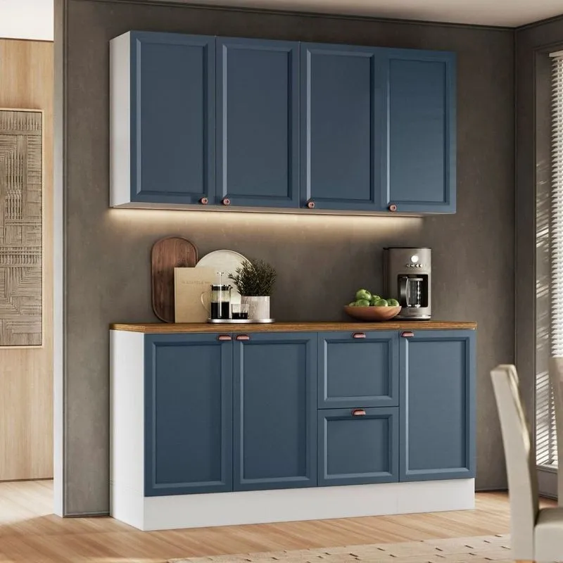 Cozinha Completa Modulada Americana 4 Peças Aérea Com Balcão Tampo Unna Yescasa Branco/azul