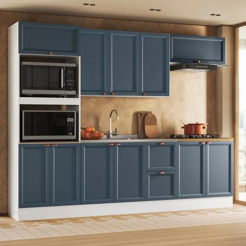Cozinha Completa Modulada Americana 5 Peças 11 Portas 2 Gavetas Com Balcão Para Pia Unna Branco/Azul