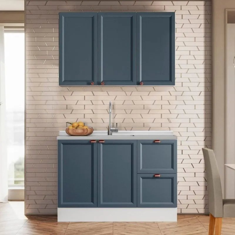 Cozinha Modulada Compacta Americana 2 Peças Com Balcão 2 Portas 2 Gavetas Pia Unna Yescasa Branco/azul