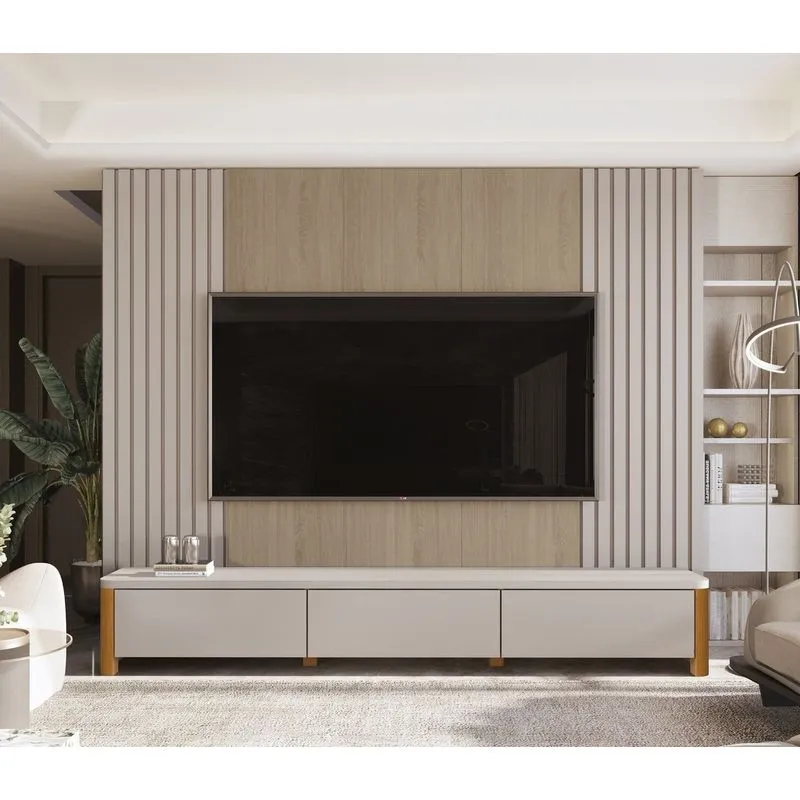 Rack Monaco Com Painel Sierra Para Tv Até 75 Polegadas 3 Gavetas Ripado Mdf/mdp Pés Em Madeira Hanover /fendi