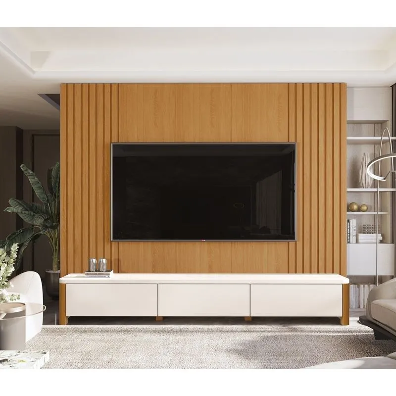 Rack Monaco Com Painel Sierra Para Tv Até 75 Polegadas 3 Gavetas Ripado Mdf/mdp Pés Em Madeira Off White Nature