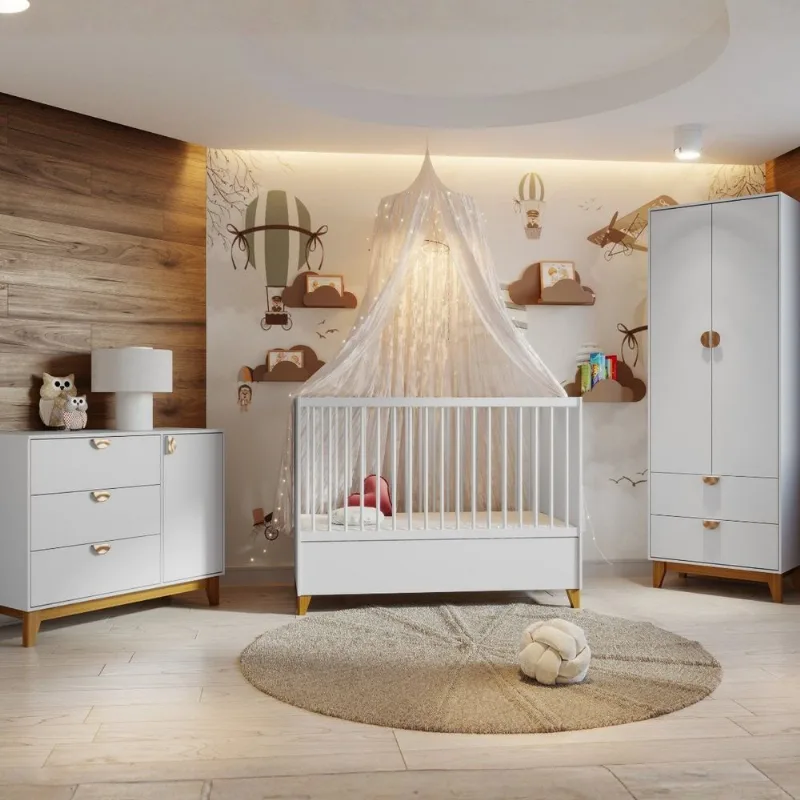 Conjunto Quarto de Bebê Completo Americano Magia 3 Peças Guarda- Roupa/ Berço Cama Americano/ Cô Branco Brilhante