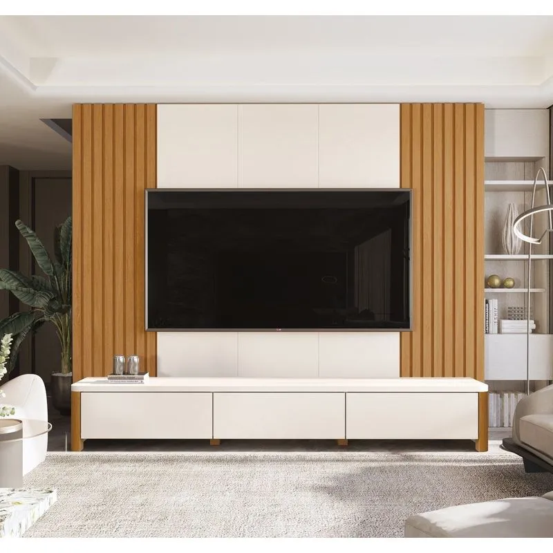 Rack Monaco Com Painel Sierra Para Tv Até 75 Polegadas 3 Gavetas Ripado Mdf/mdp Pés Em Madeira Off White Nature