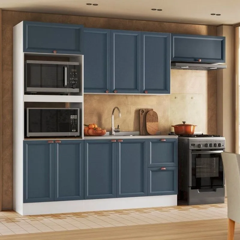 Cozinha Completa Modulada Americana 4 Peças Com Torre Quente E Balcão Para Pia Unna Branco/Azul