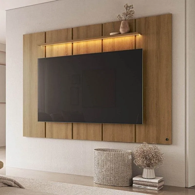 Painel Para TV Até 75 Polegadas 200x136cm Com LED Horizonte Cabecasa Madeiraoriginals Marrom/Freijó