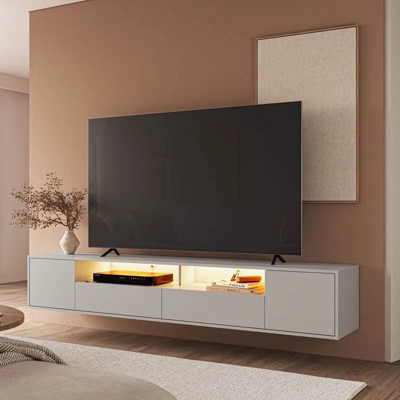 Rack Suspenso 2 Portas 2 Gavetas Com Led Horizonte Cabecasa Madeira Originals Offwhite Offwhite