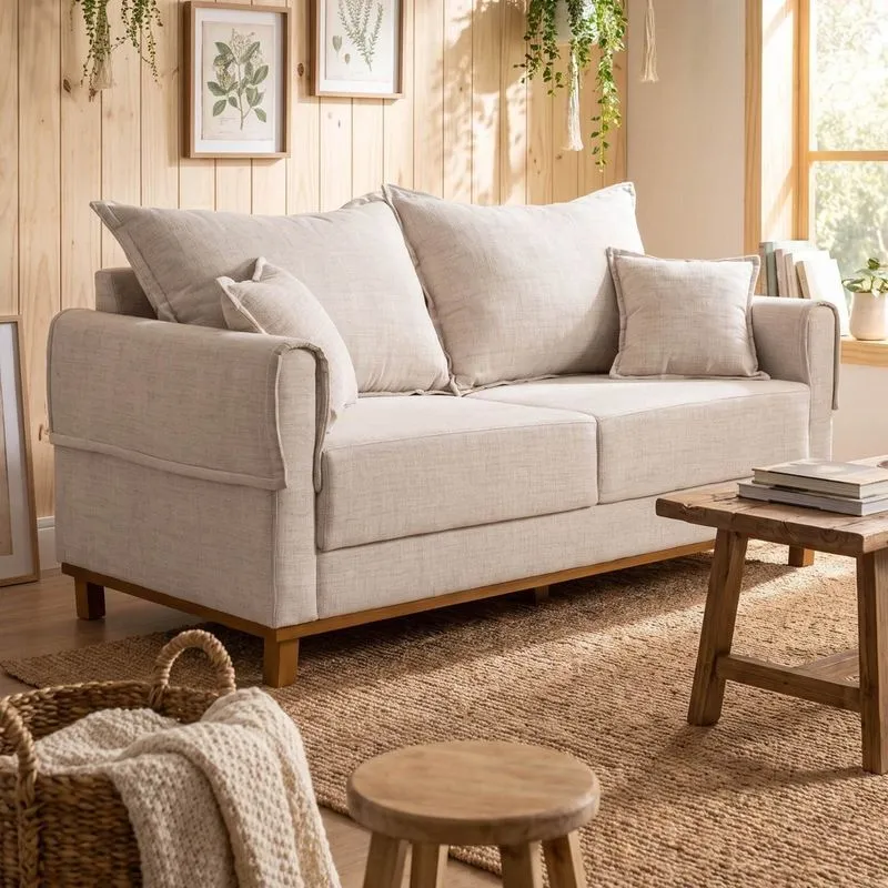 Sofá Living 2 Lugares 180cm Linho Ananda Cabecasa Madeiraoriginals Bege/Creme Bege