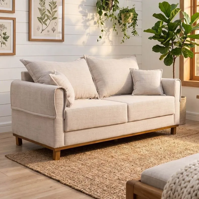 Sofá Living 3 Lugares 200cm Linho Ananda Cabecasa Madeiraoriginals Bege/creme Bege