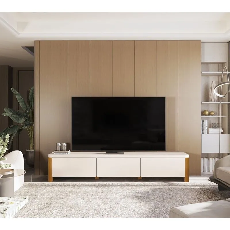Rack Monaco 1.8 Para Tv Até 75 Polegadas 3 Gavetas Pés Em Madeira Maciça Off White