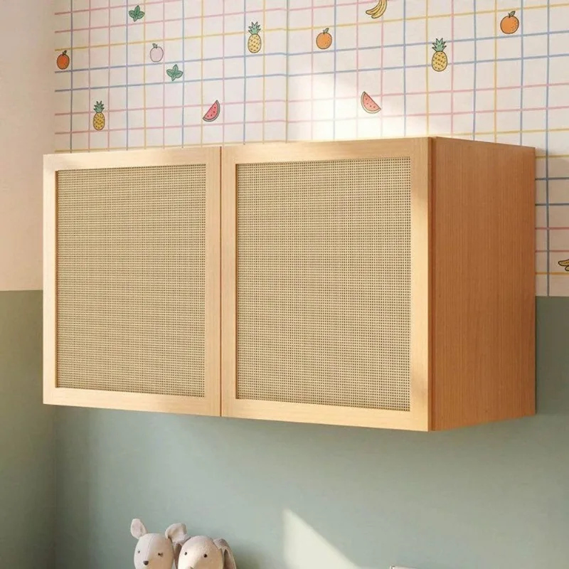 Armário Aéreo 120cm em Madeira Maciça e Rattan Magna Kids Casatema Marrom/Mel Mel com Rattan