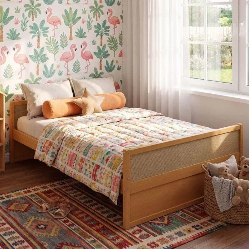 Cama Casal Madeira Maciça e Rattan Magna Kids Casatema Marrom/Mel Natural