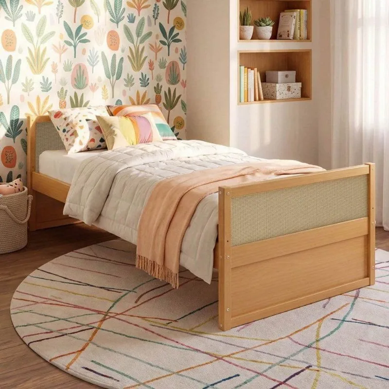 Cama Solteiro Infantil Madeira Maciça e Rattan Magna Kids Casatema Marrom/Mel Natural