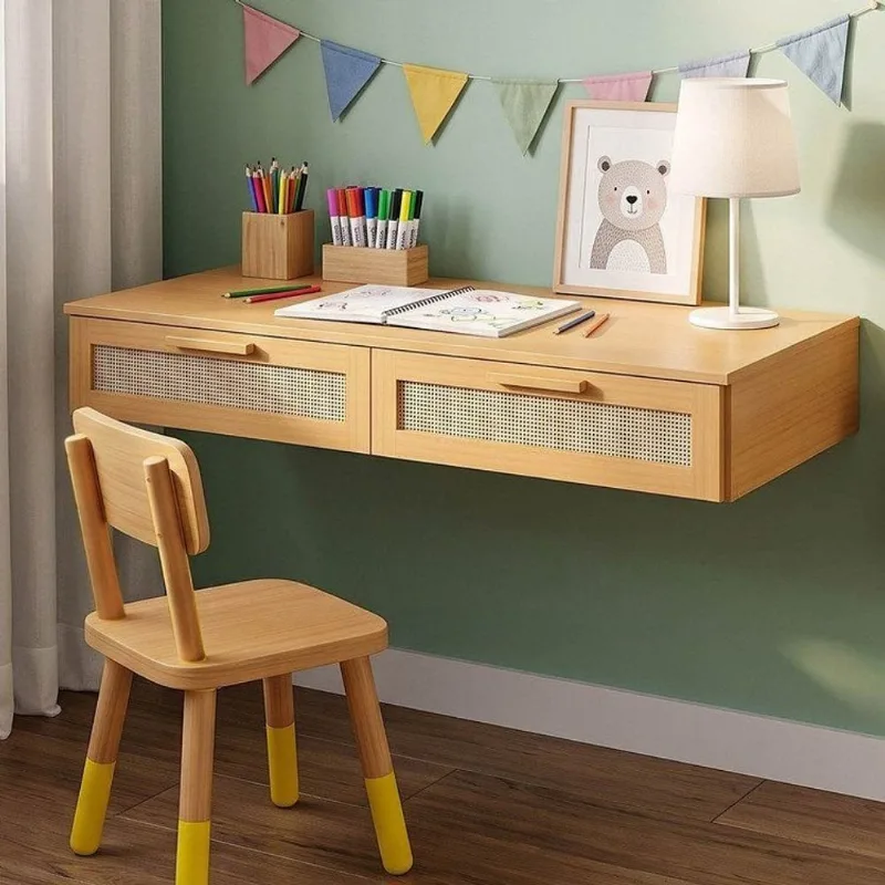 Escrivaninha Suspensa 120cm Madeira Maciça e Rattan Magna Kids Casatema Marrom Mel