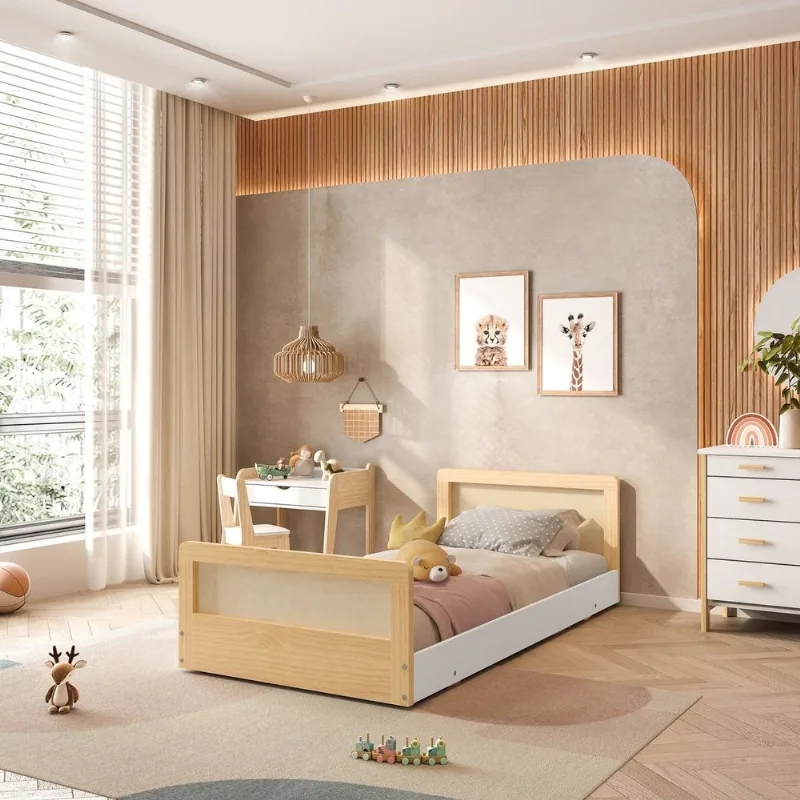 Cama Infantil Solteiro Montessoriana Lift em Madeira Maciça com Rattan Casatema Be Branco/Natural