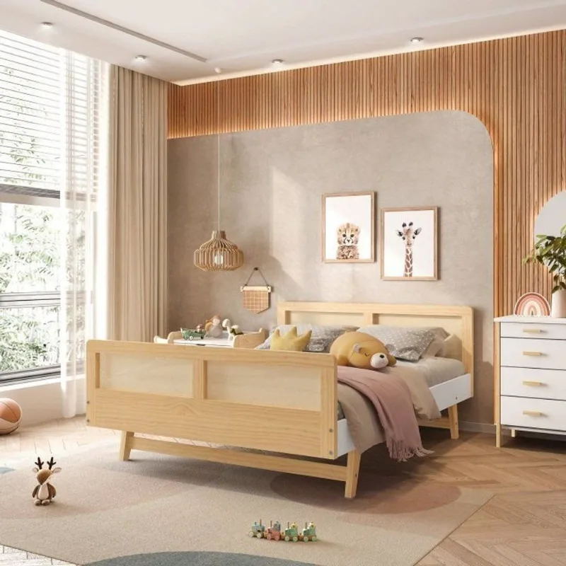 Cama Infantil Montessoriano Casal Lift em Madeira Maciça com Rattan Casatema Bege/ Branco/Natural