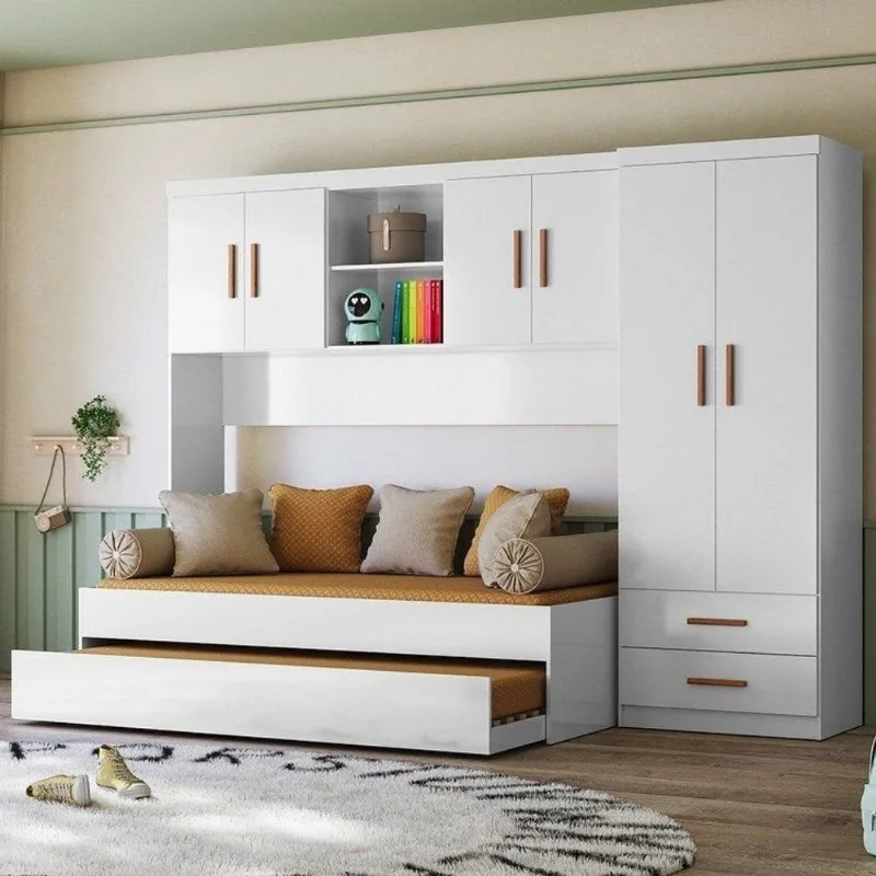 Quarto Completo Solteiro Juvenil 4 Peças com Guarda Roupa e Bicama Onix Branco e Branco/Nature Flex Branco/Nature Flex