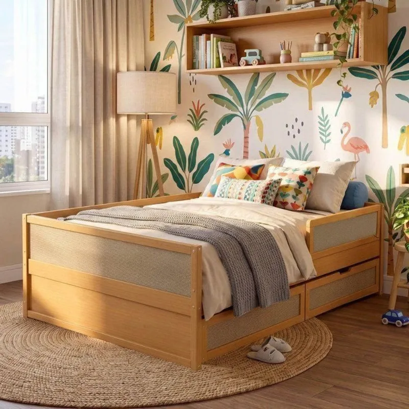 Cama Casal com Grades de Proteção e Gavetas Magna Kids Casatema Marrom/Natural Natural