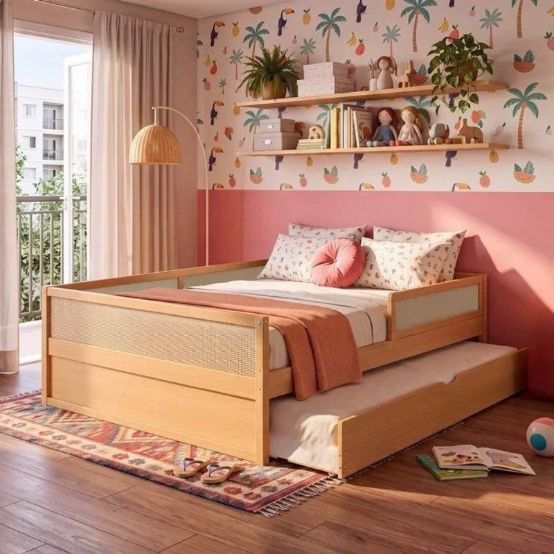 Cama Casal com Grades de Proteção e Cama Auxiliar Magna Kids Casatema Marrom Natural