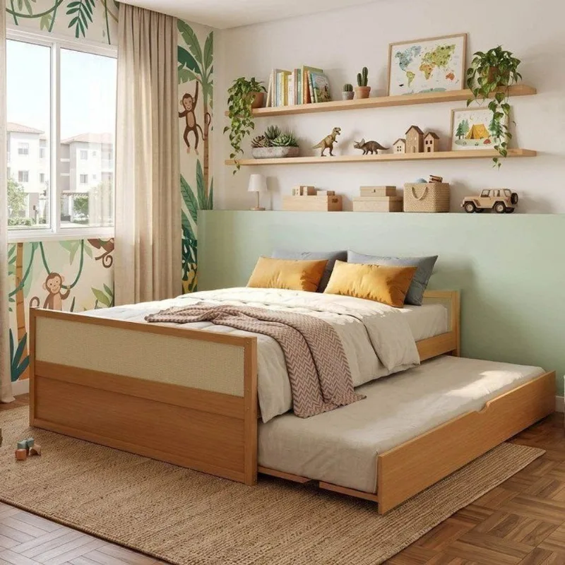 Cama Casal em Madeiramaciça com Cama Auxiliar Magna Kids Casatema Marrom/Natural Natural