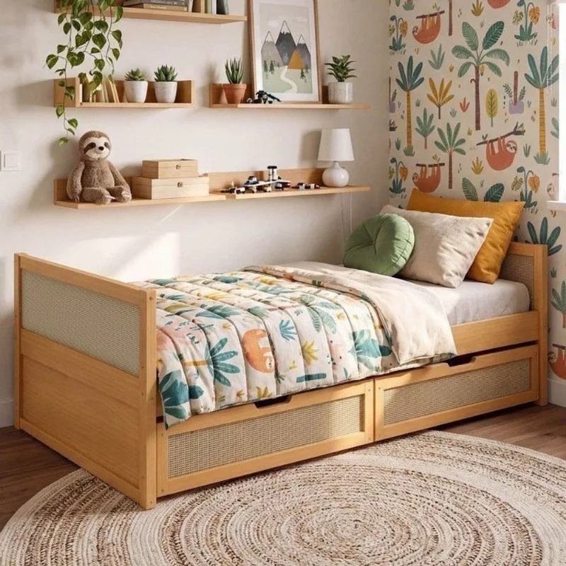 Cama Solteiro Madeira Maciça com Gavetas Magna Kids Casatema Marrom/Natural Natural
